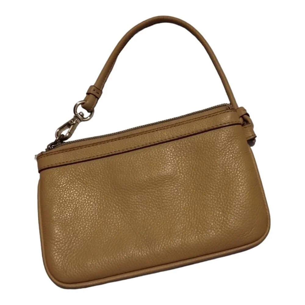 Calvin Klein Pebbled Leather Wristlet Pouch Clutch Wallet Metal CK‎ Logo Tan